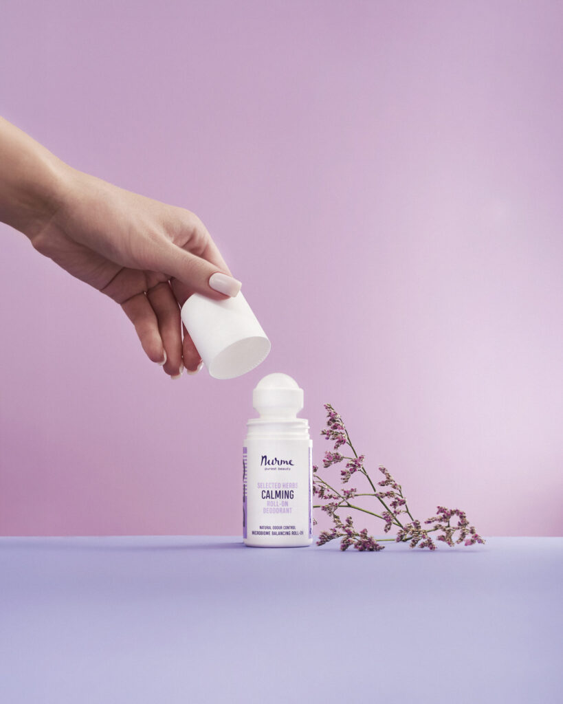 Nurme Selected Herbs roll-on deodorant with lavender sprigs